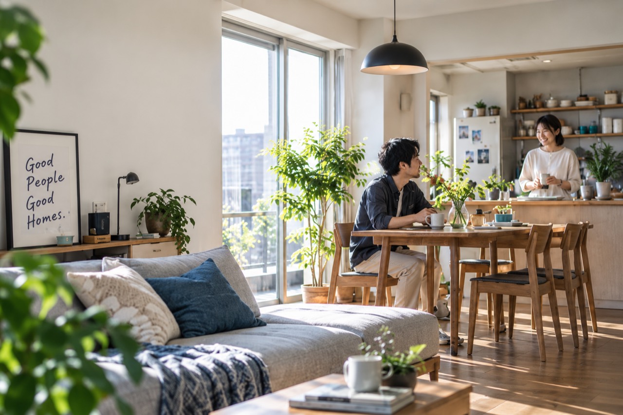 陽の光が差し込む住まいで、穏やかな時間を過ごす二人