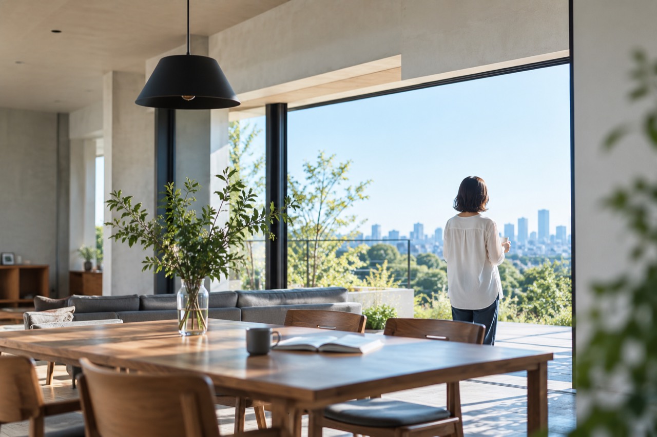 街と緑を望むダイニングから窓の外を眺める住まいの一景